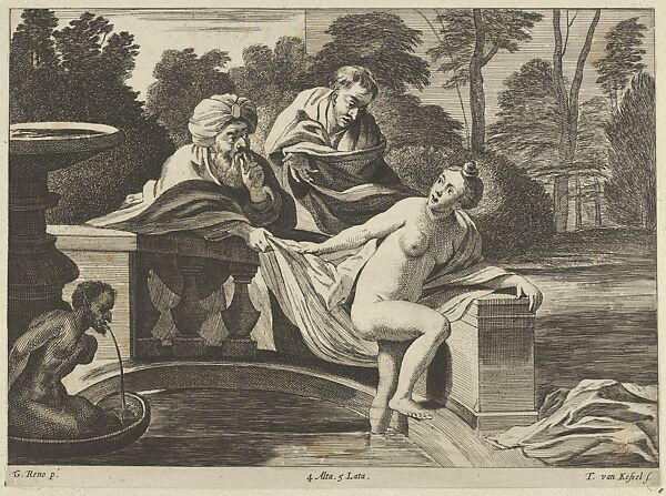 Susanna, partly naked and stepping out of a fountain with two elders at left, one of them pulling at her garment, after Reni