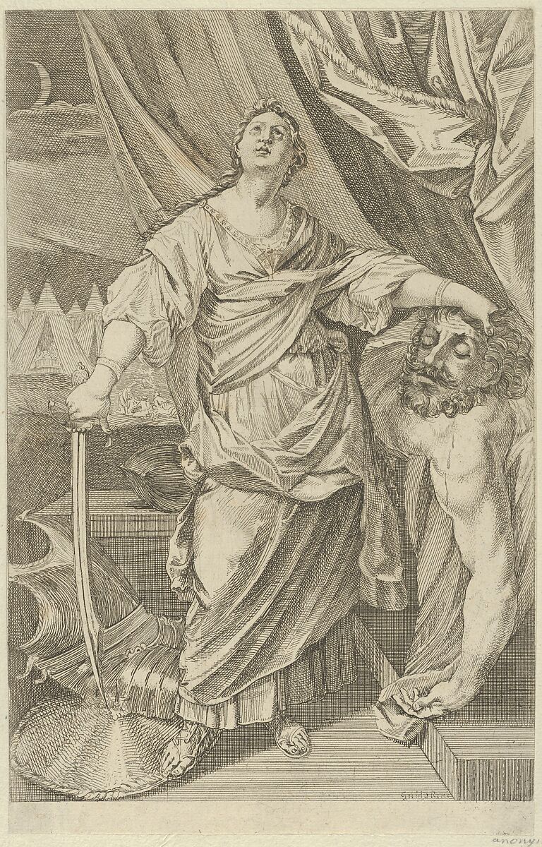 Judith standing and looking up, holding the head of Holofernes in her left hand and a sword in her right, tents in the background, after Reni, Anonymous, Etching 