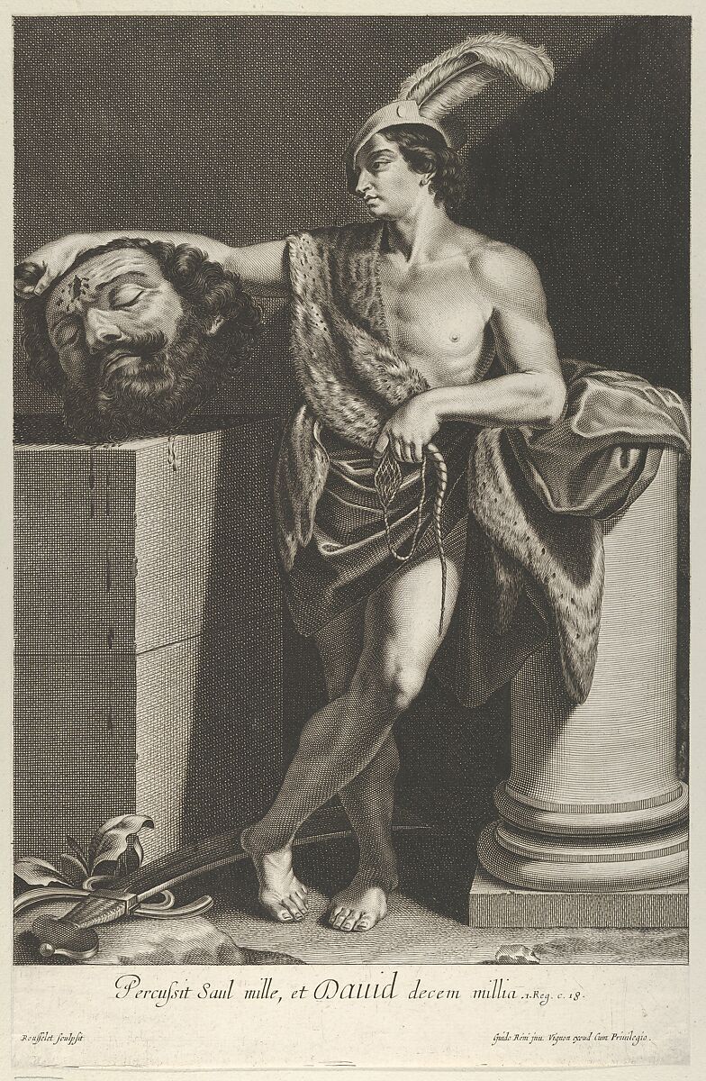 David standing with crossed legs and holding the head of Goliath on a pedestal at left, a sword on the ground, after Reni, Engraved by Gilles Rousselet (French, Paris 1614–1686 Paris), Engraving 