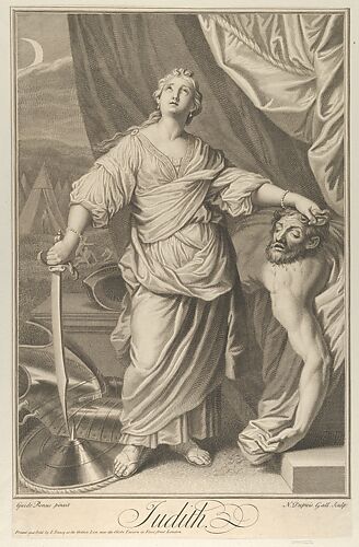 Judith standing and looking up, holding the head of Holofernes in her left hand and a sword in her right, tents in the background, after Reni
