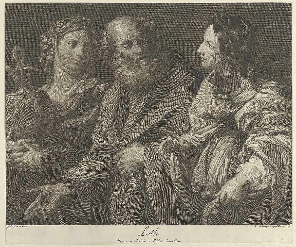 Lot flanked by his two daughters, one of them holding a decorated jug, after Reni, Engraved by Domenico Cunego (Italian, Verona 1727–1803 Rome), Engraving 