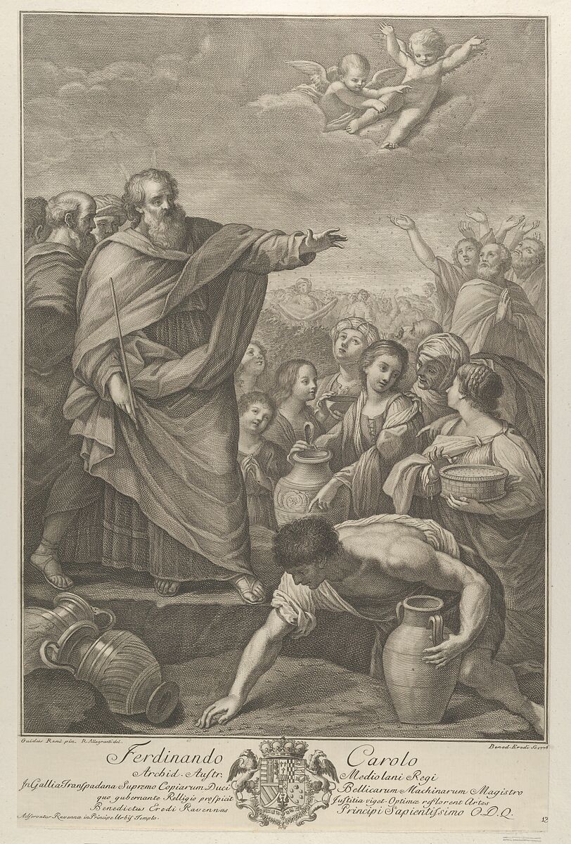 Moses at left with the Israelites who gather manna as it falls from the sky, two angels above, after Reni, Engraved by Benedetto Eredi (Italian, Ravenna 1750–1815 Florence), Engraving 