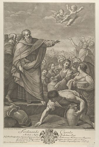Moses at left with the Israelites who gather manna as it falls from the sky, two angels above, after Reni