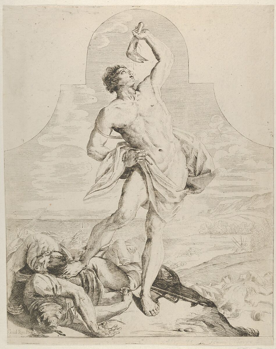 Samson holding the jaw bone of an ass over his head and standing next to the Philistines he has just killed, more dead bodies in the background, a tapered composition with rounded top, after Reni, Flaminio Torre (Torri) (Italian, Bologna 1620–1661 Modena), Etching 