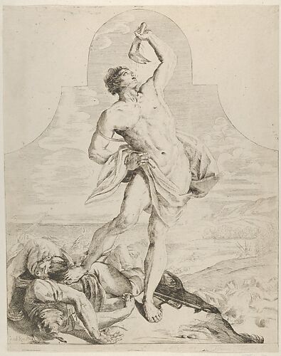 Samson holding the jaw bone of an ass over his head and standing next to the Philistines he has just killed, more dead bodies in the background, a tapered composition with rounded top, after Reni