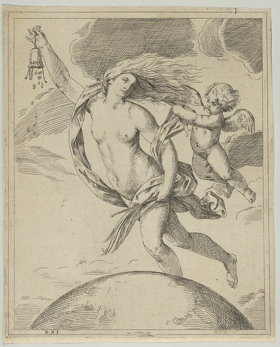 Fortune flying above the globe, partly naked, emptying a purse in her raised right hand and holding a staff in her left, a winged putto pulling her forelock, after Reni, Girolamo Scarsello (Italian, Bologna 1624–1678), Etching 