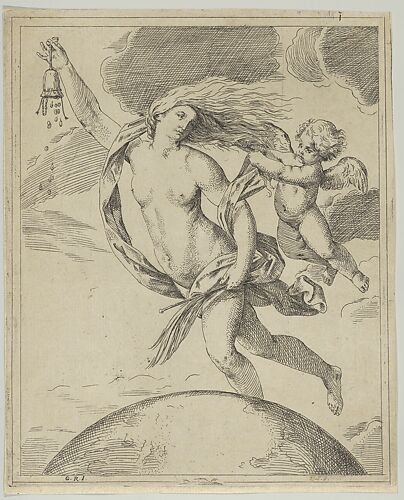 Fortune flying above the globe, partly naked, emptying a purse in her raised right hand and holding a staff in her left, a winged putto pulling her forelock, after Reni