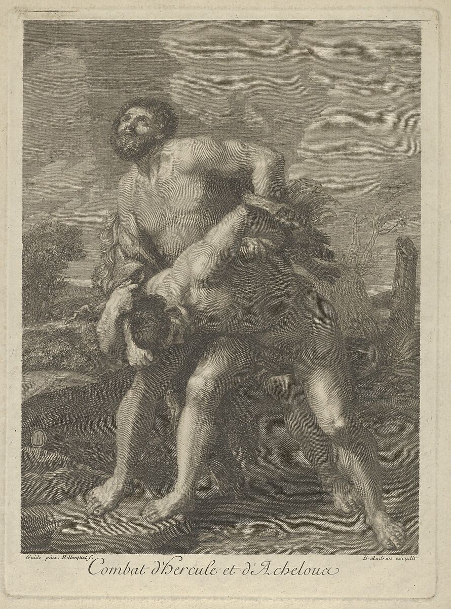 Hercules wearing a lion skin and fighting Achelous, a landscape in the background, after Reni, Engraved by Robert Hecquet (French, Abbeville 1693–1775 Abbeville), Engraving 