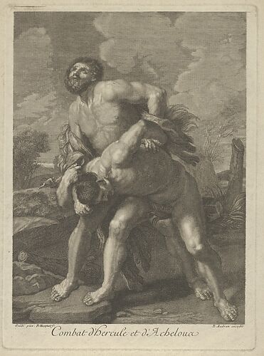 Hercules wearing a lion skin and fighting Achelous, a landscape in the background, after Reni