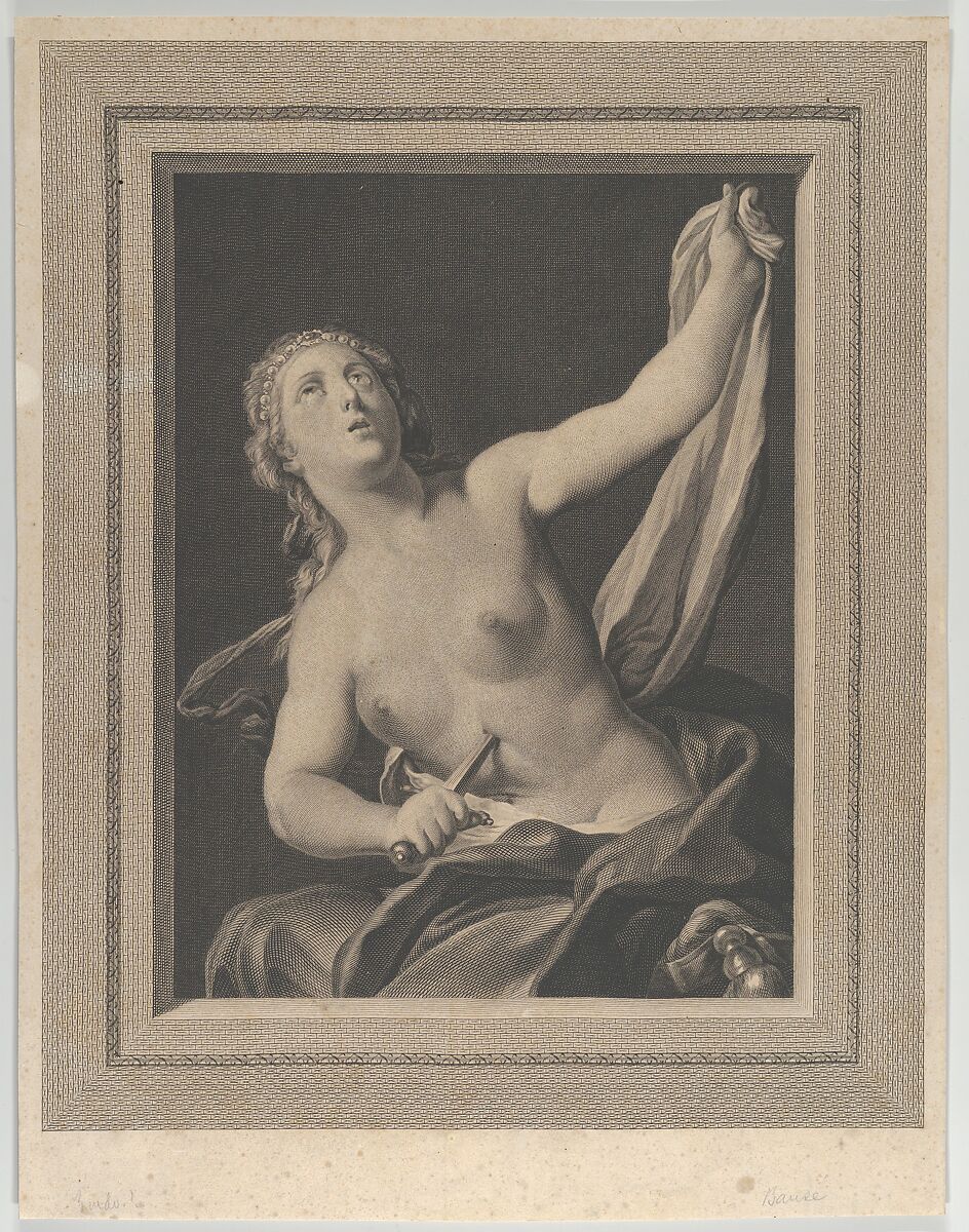 Lucretia seated, half naked, stabbing herself in the stomach with a dagger in her right hand and holding a cloth in her raised left hand, looking upwards, after Pellegrini?, Engraved by Louis Jacques Cathelin (French, Paris, 1739–1804), Engraving 
