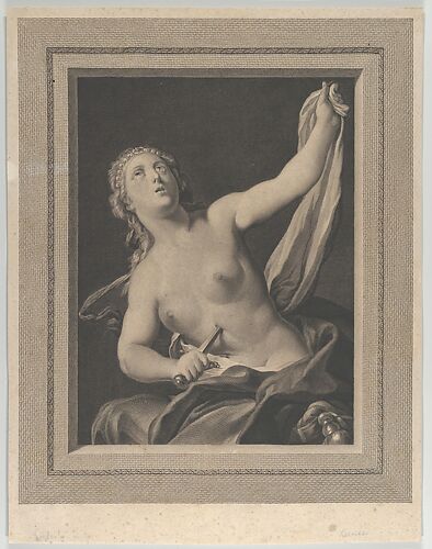 Lucretia seated, half naked, stabbing herself in the stomach with a dagger in her right hand and holding a cloth in her raised left hand, looking upwards, after Pellegrini?