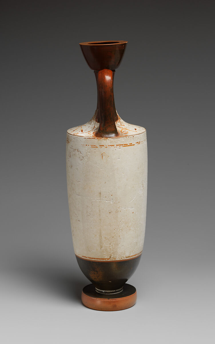 Terracotta lekythos (oil flask), Attributed to the Achilles Painter, Terracotta, Greek, Attic