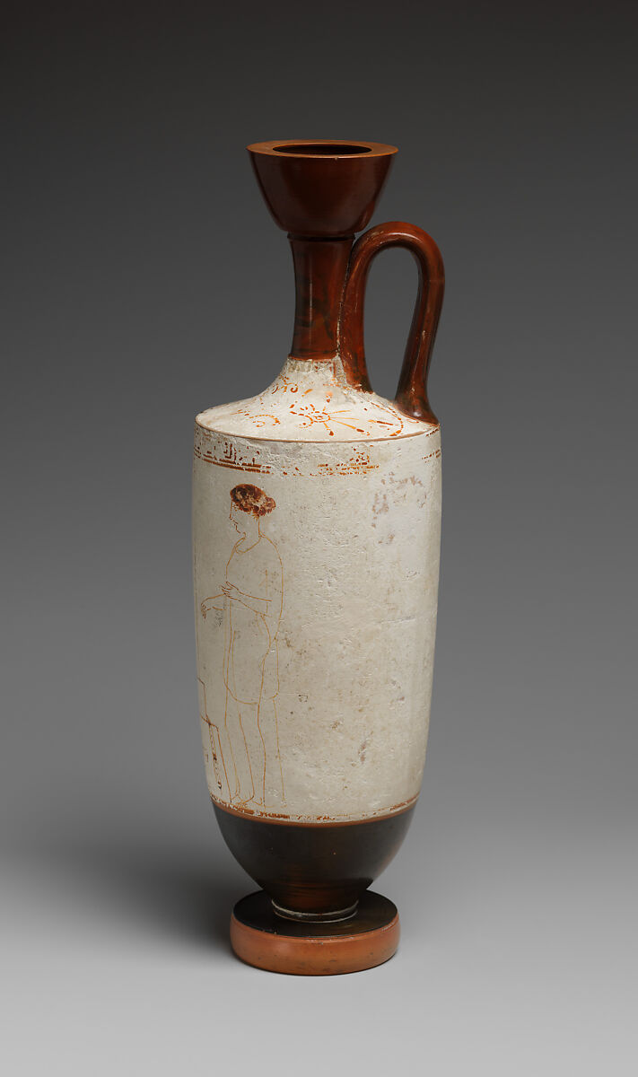 Terracotta lekythos (oil flask), Attributed to the Achilles Painter, Terracotta, Greek, Attic