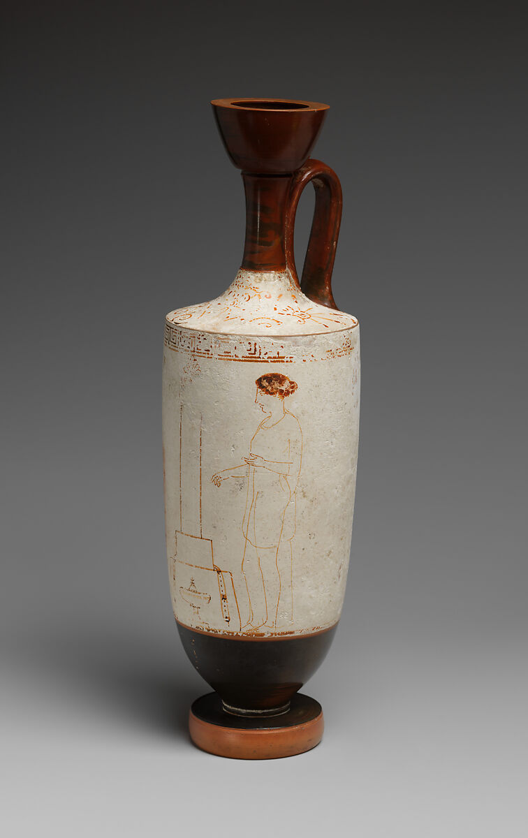 Terracotta lekythos (oil flask), Attributed to the Achilles Painter, Terracotta, Greek, Attic