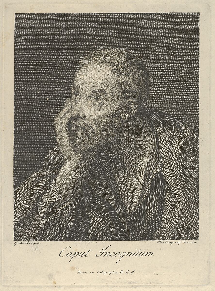 An old bearded man resting his head on his right hand and looking upwards to the left, after Reni, Engraved by Domenico Cunego (Italian, Verona 1727–1803 Rome), Engraving 