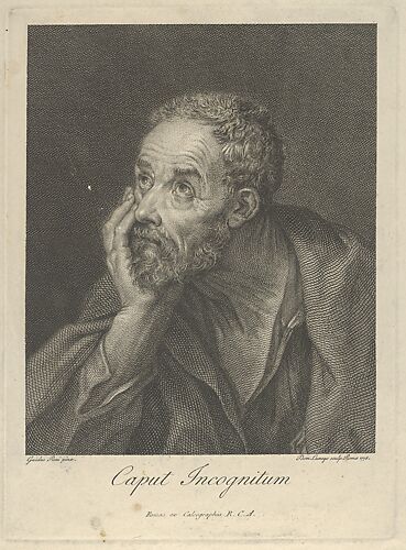 An old bearded man resting his head on his right hand and looking upwards to the left, after Reni