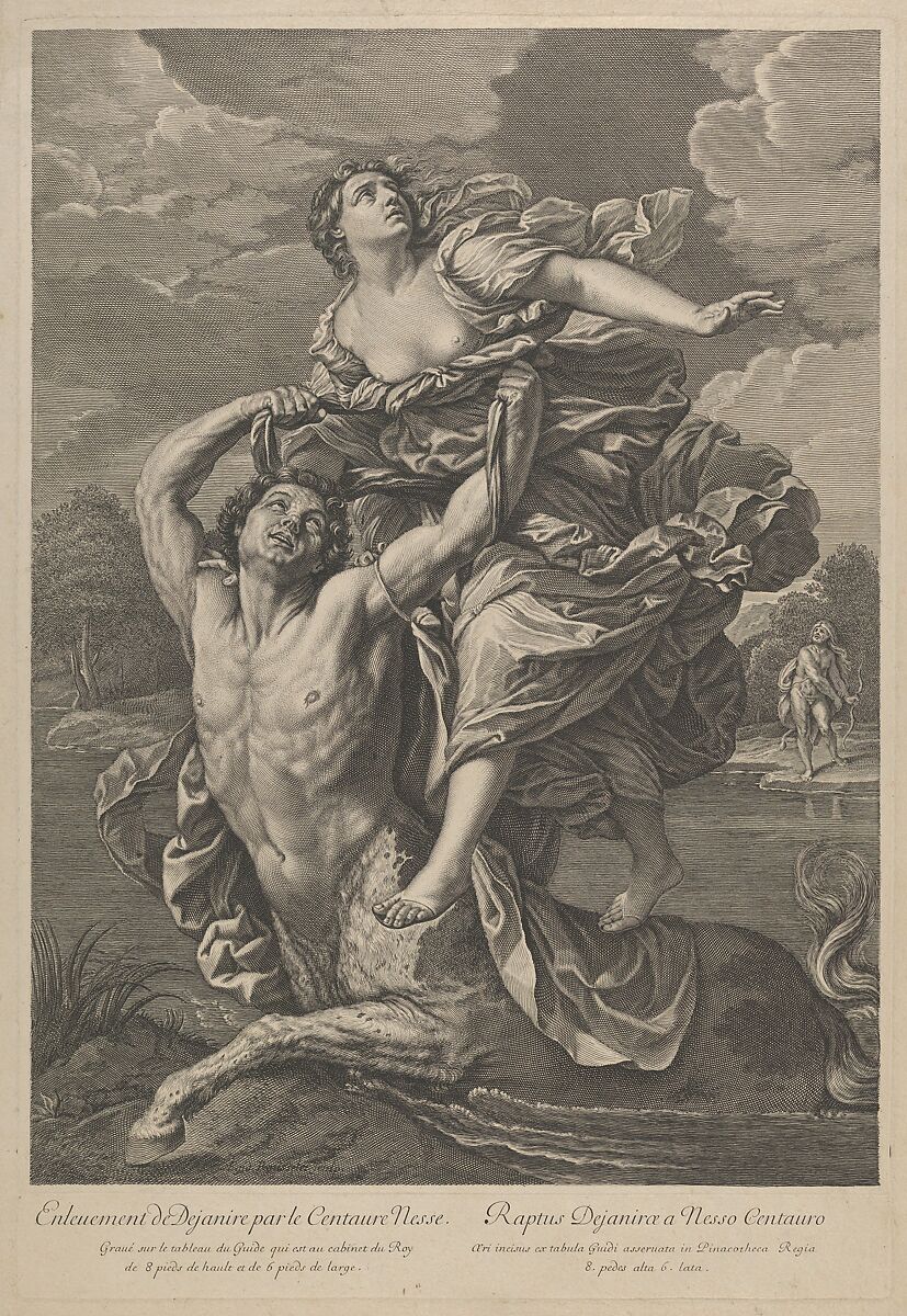 Dejanira being abducted by the centaur Nessos, a man with bow and arrow at right, after Reni, Anonymous, Engraving 