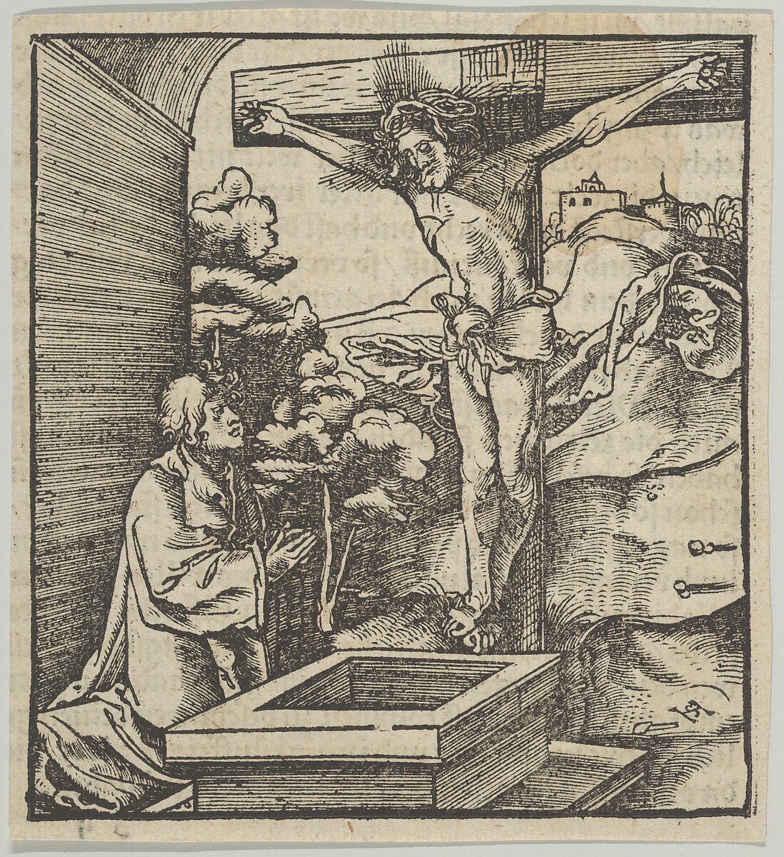 A Man Praying before a Crucifix, from Hymmelwagen auff dem, wer wol lebt..., Hans Schäufelein (German, Nuremberg ca. 1480–ca. 1540 Nördlingen), Woodcut 