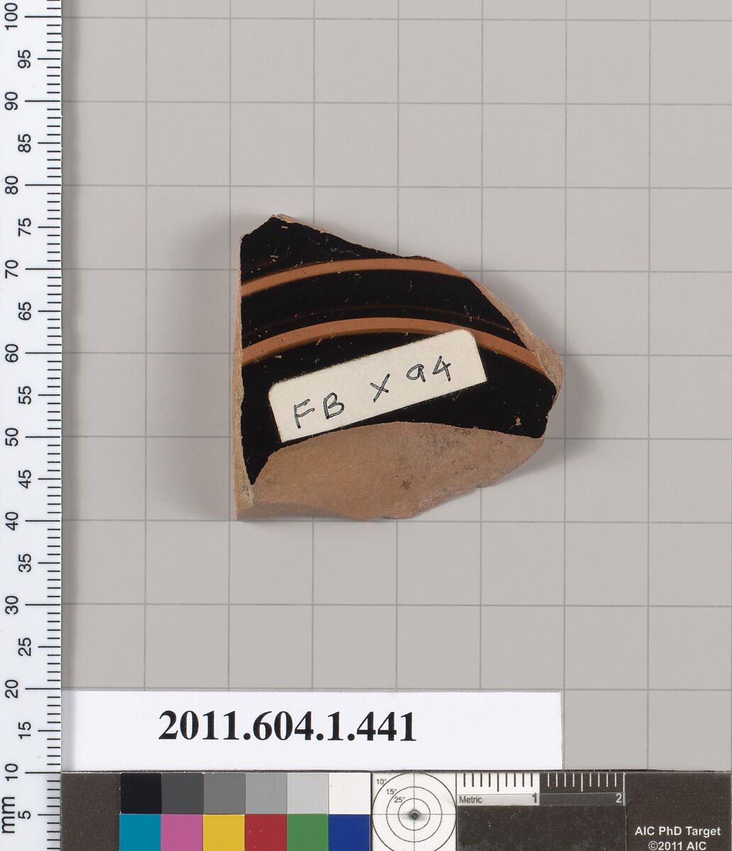 Terracotta fragment of a kylix (drinking cup), Terracotta, Greek, Attic