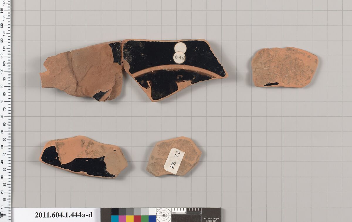 Terracotta fragments of a kylix (drinking cup), Terracotta, Greek, Attic