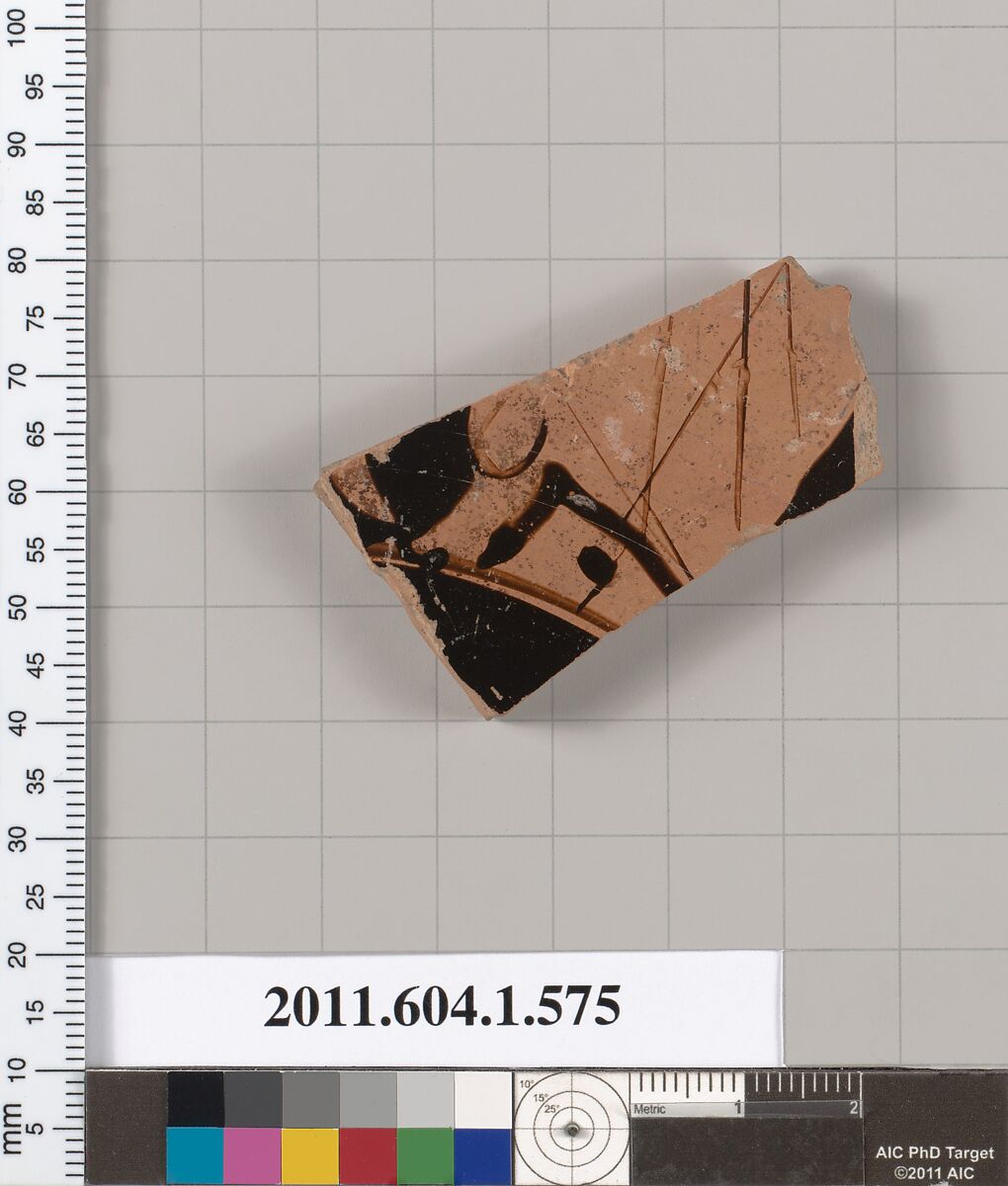 Terracotta fragment of a kylix (drinking cup), Terracotta, Greek, Attic
