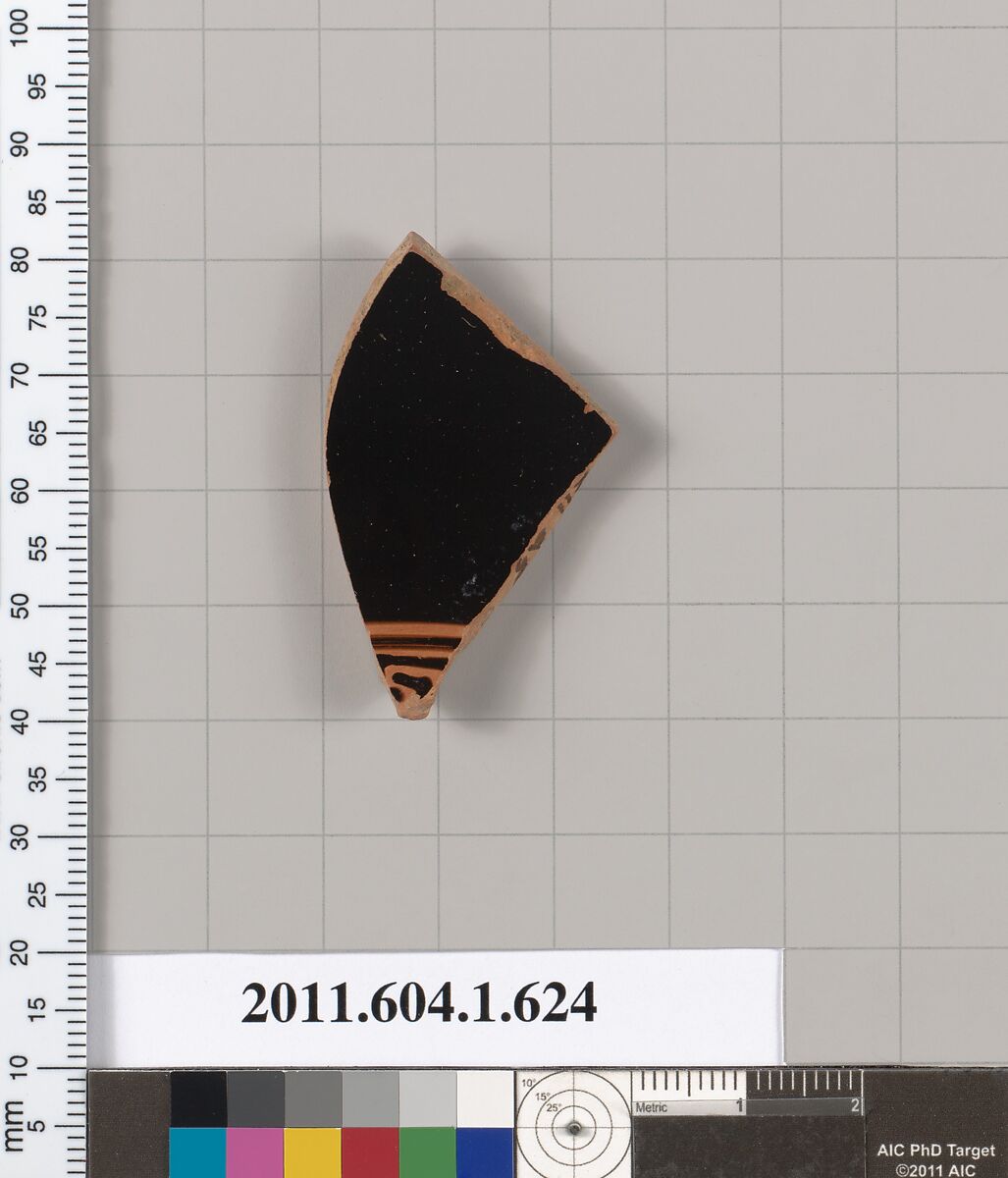 Terracotta fragment of a kylix (drinking cup), Terracotta, Greek, Attic 