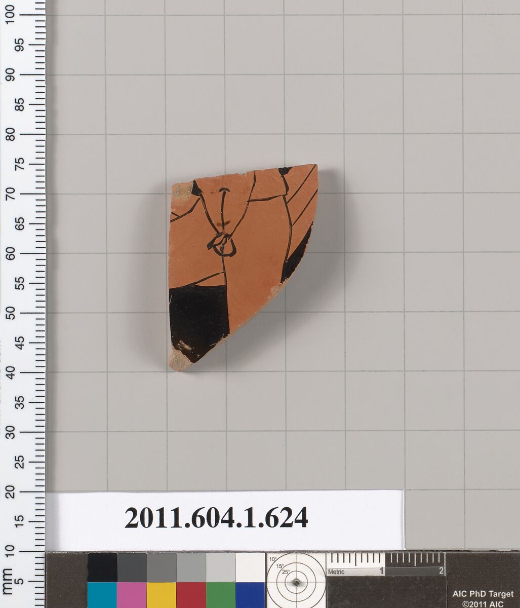 Terracotta fragment of a kylix (drinking cup), Terracotta, Greek, Attic