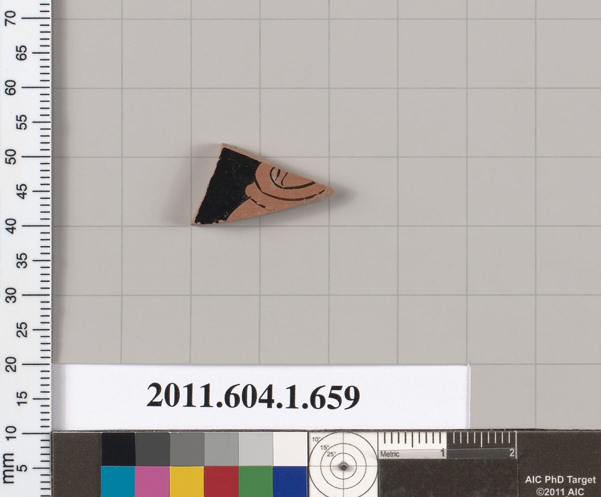 Terracotta fragment of a kylix (drinking cup), Terracotta, Greek, Attic 