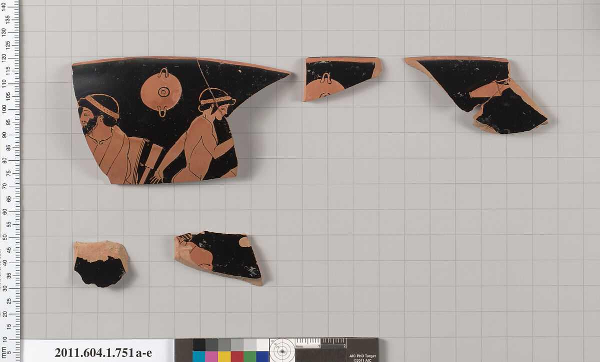 Terracotta fragments of a kylix (drinking cup), Terracotta, Greek, Attic