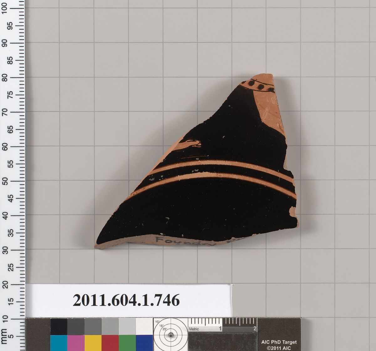 Terracotta fragment of a kylix (drinking cup), Attributed to the Foundry Painter [DvB], Terracotta, Greek, Attic