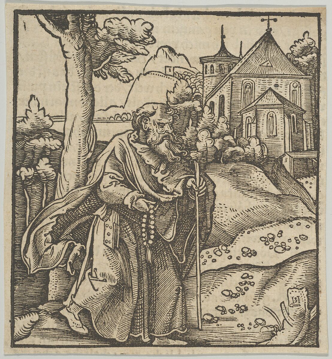 An Old Pilgrim Walking to the Right, from Hymmelwagen auff dem, wer wol lebt..., Hans Schäufelein (German, Nuremberg ca. 1480–ca. 1540 Nördlingen), Woodcut 