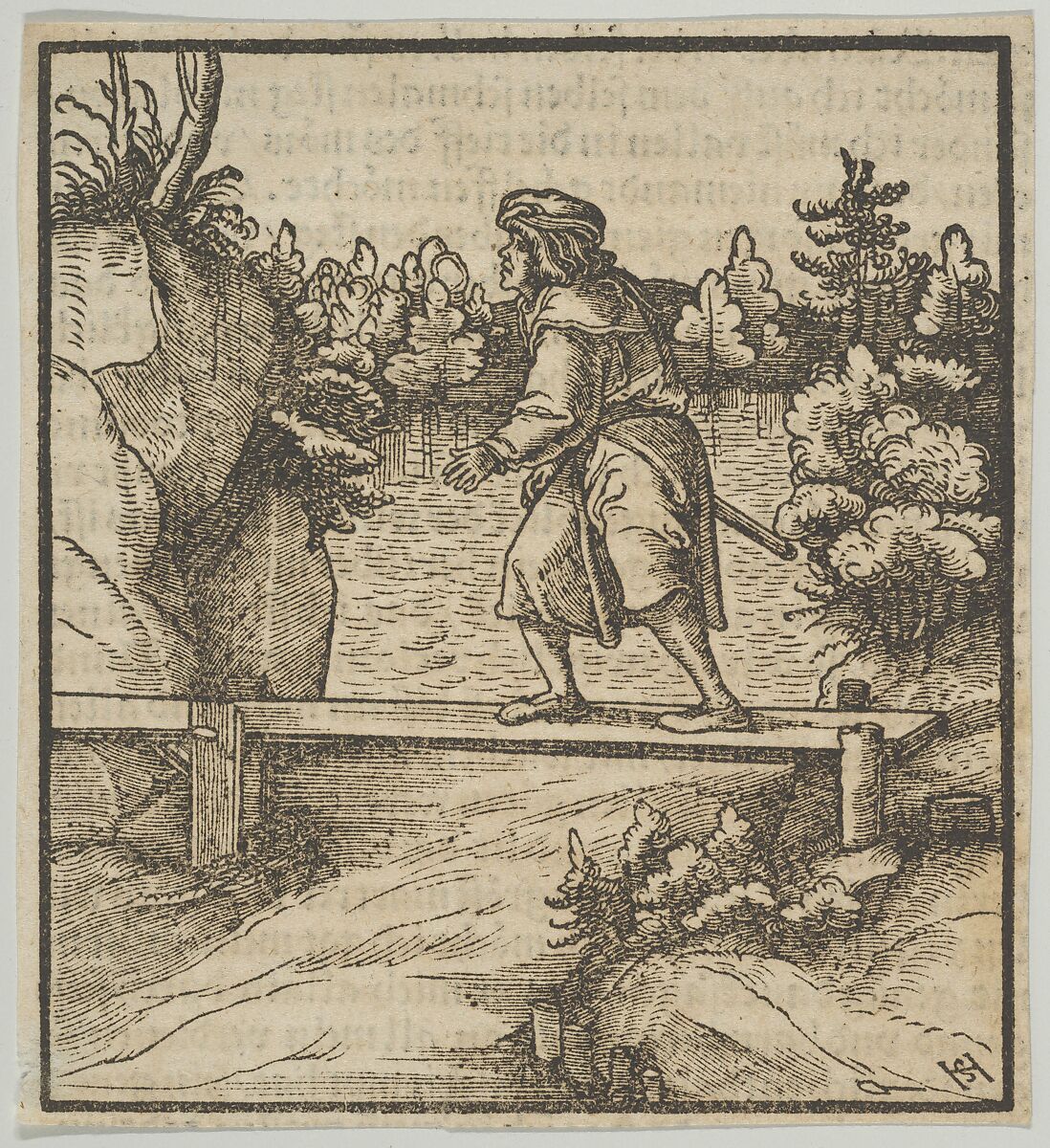 A Man Crossing a Small Bridge, from Hymmelwagen auff dem, wer wol lebt..., Hans Schäufelein (German, Nuremberg ca. 1480–ca. 1540 Nördlingen), Woodcut 