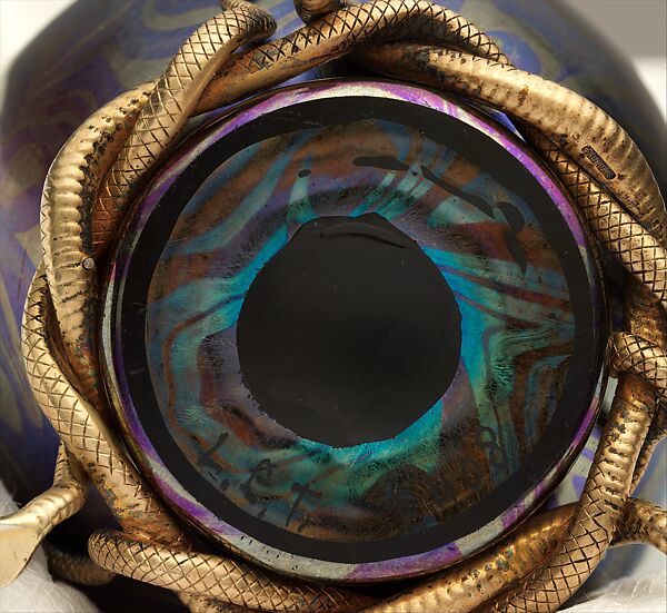 Vase with serpent mounts, Tiffany Furnaces (New York), Blown Favrile glass; silver gilt mounts, American, Russian