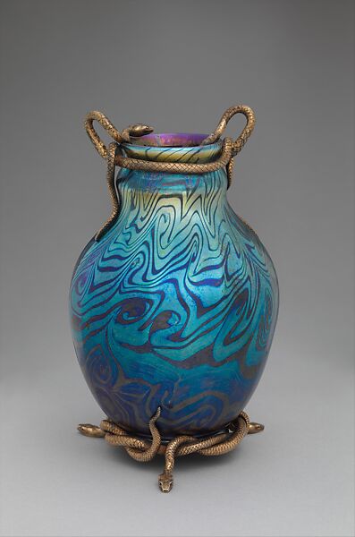 Vase with serpent mounts, Tiffany Furnaces (New York), Blown Favrile glass; silver gilt mounts, American, Russian 