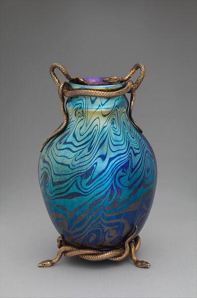 Vase with serpent mounts, Tiffany Furnaces (New York), Blown Favrile glass; silver gilt mounts, American, Russian