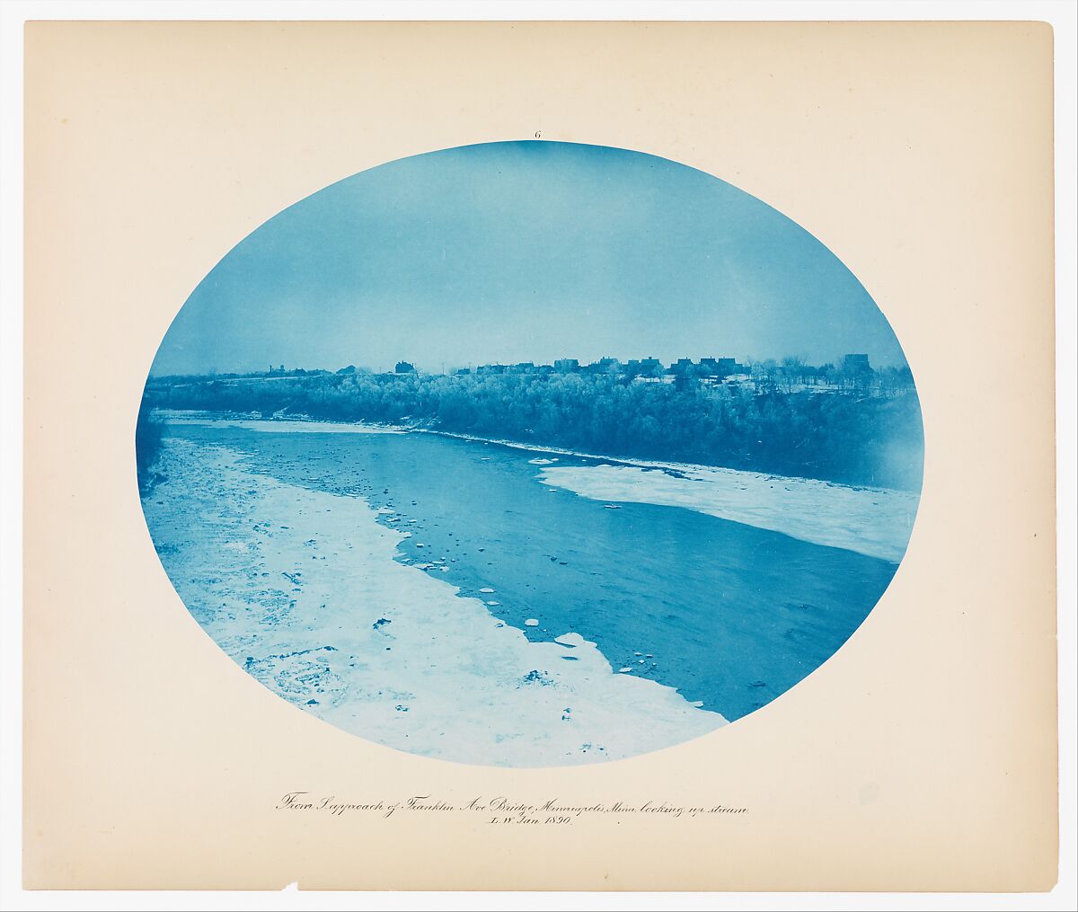 No. 6. From South Approach of Franklin Ave Bridge, Minneapolis, Minnesota Looking Up Stream (Low Water), Henry P. Bosse  American, born Germany, Cyanotype