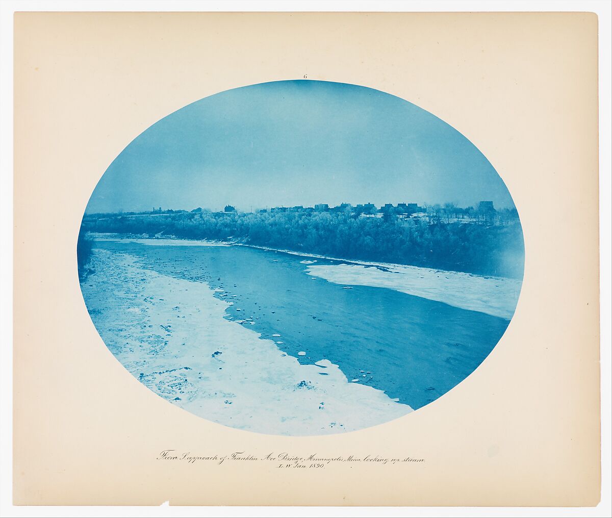 No. 6. From South Approach of Franklin Ave Bridge, Minneapolis, Minnesota Looking Up Stream (Low Water), Henry P. Bosse (American (born Germany), 1844–1893), Cyanotype 