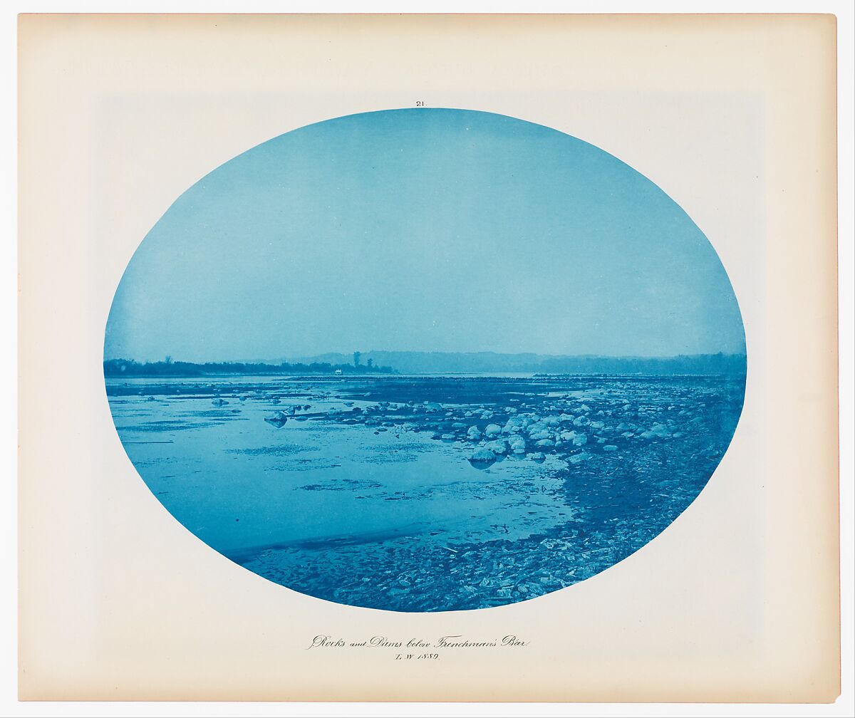 No. 21. Rocks and Dam below Frenchmans Bar (Low Water), Henry P. Bosse (American (born Germany), 1844–1893), Cyanotype 