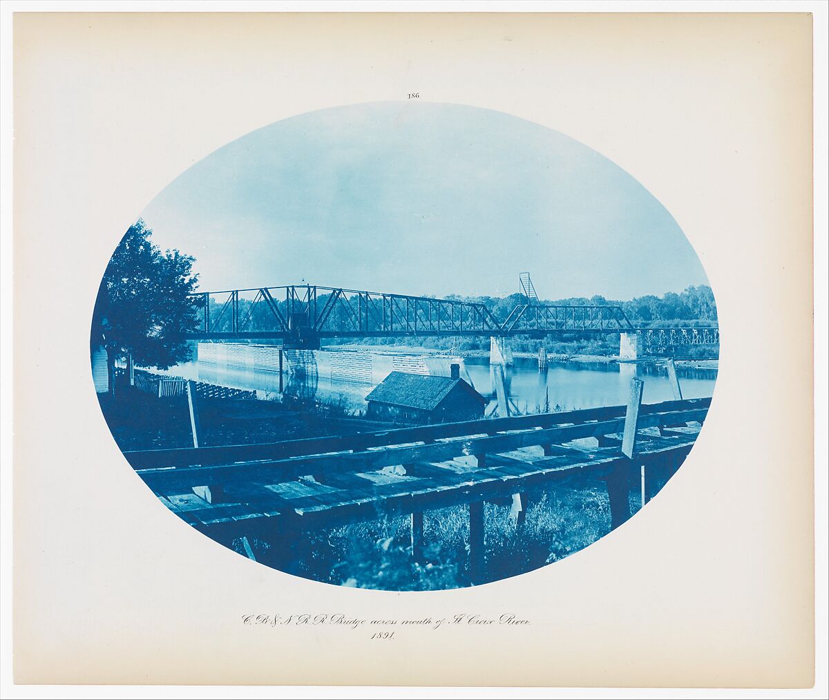 No. 186. Chicago, Burlington & Northern Rail Road Bridge Across Mouth of La Croix River, Henry P. Bosse (American (born Germany), 1844–1893), Cyanotype 