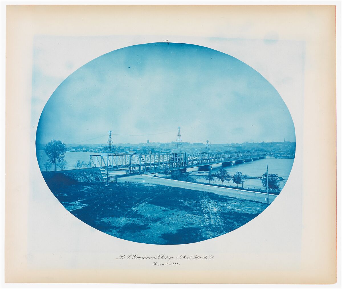 No. 201. U.S. Government Bridge at Rock Island, Illinois (High Water), Henry P. Bosse (American (born Germany), 1844–1893), Cyanotype 