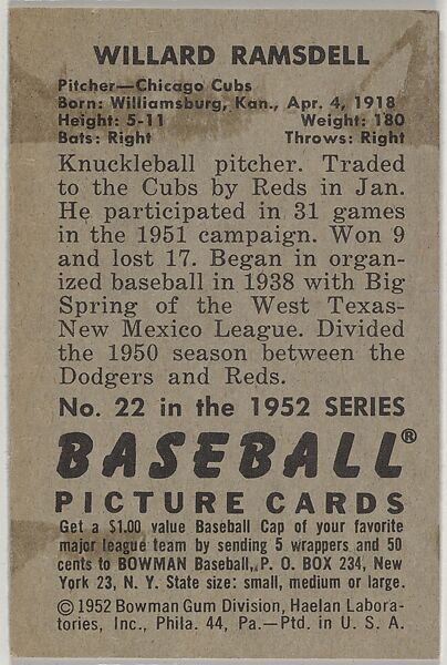 Issued by Bowman Gum Company - Willard Ramsdell, Pitcher, Chicago Cubs ...