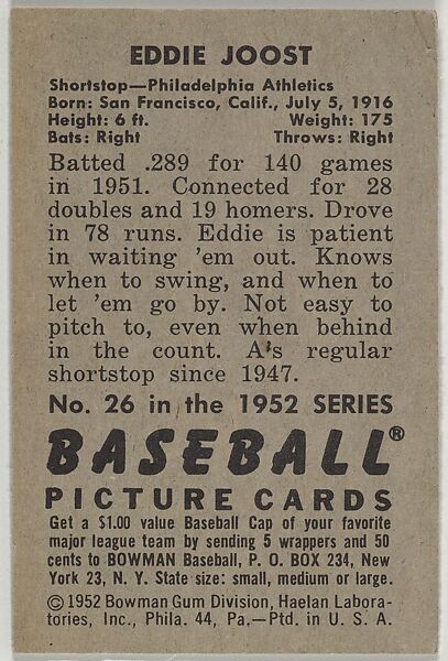 Eddie Joost, Shortstop, Philadelphia Athletics, from Picture Cards, series 6 (R406-6) issued by Bowman Gum, Issued by Bowman Gum Company, Commercial color lithograph