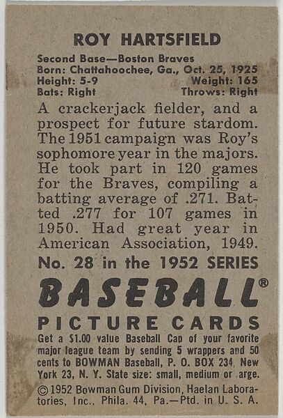 Roy Hartsfield, 2nd Base, Boston Braves, from Picture Cards, series 6 (R406-6) issued by Bowman Gum, Issued by Bowman Gum Company, Commercial color lithograph