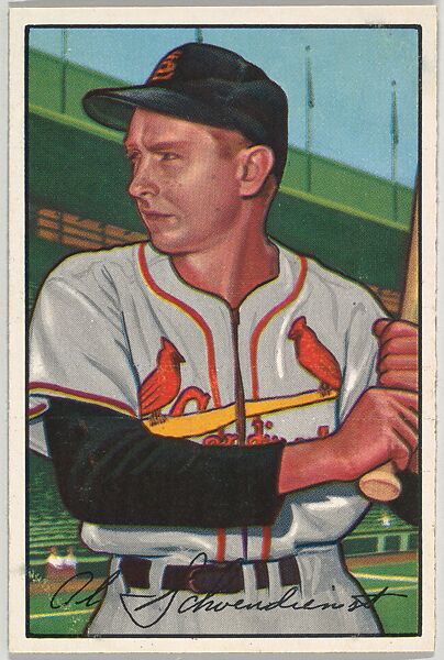 Al "Red" Schoendienst, Infield, St. Louis Cardinals, from Picture Cards, series 6 (R406-6) issued by Bowman Gum, Issued by Bowman Gum Company, Commercial color lithograph 