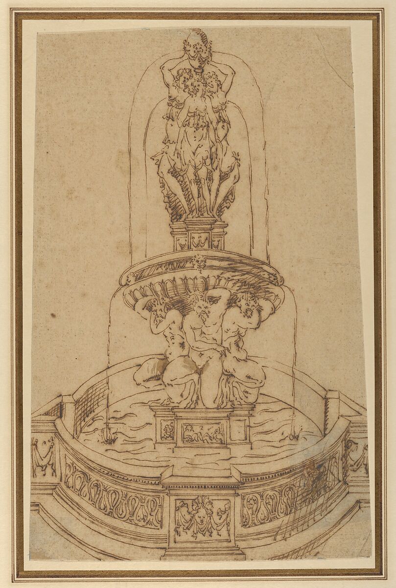 Design for a Fountain with the Three Graces, Circle of Jacques Androuet Du Cerceau (French, Paris 1510/12–1585 Annecy), Pen and brown ink, brush and light brown wash 