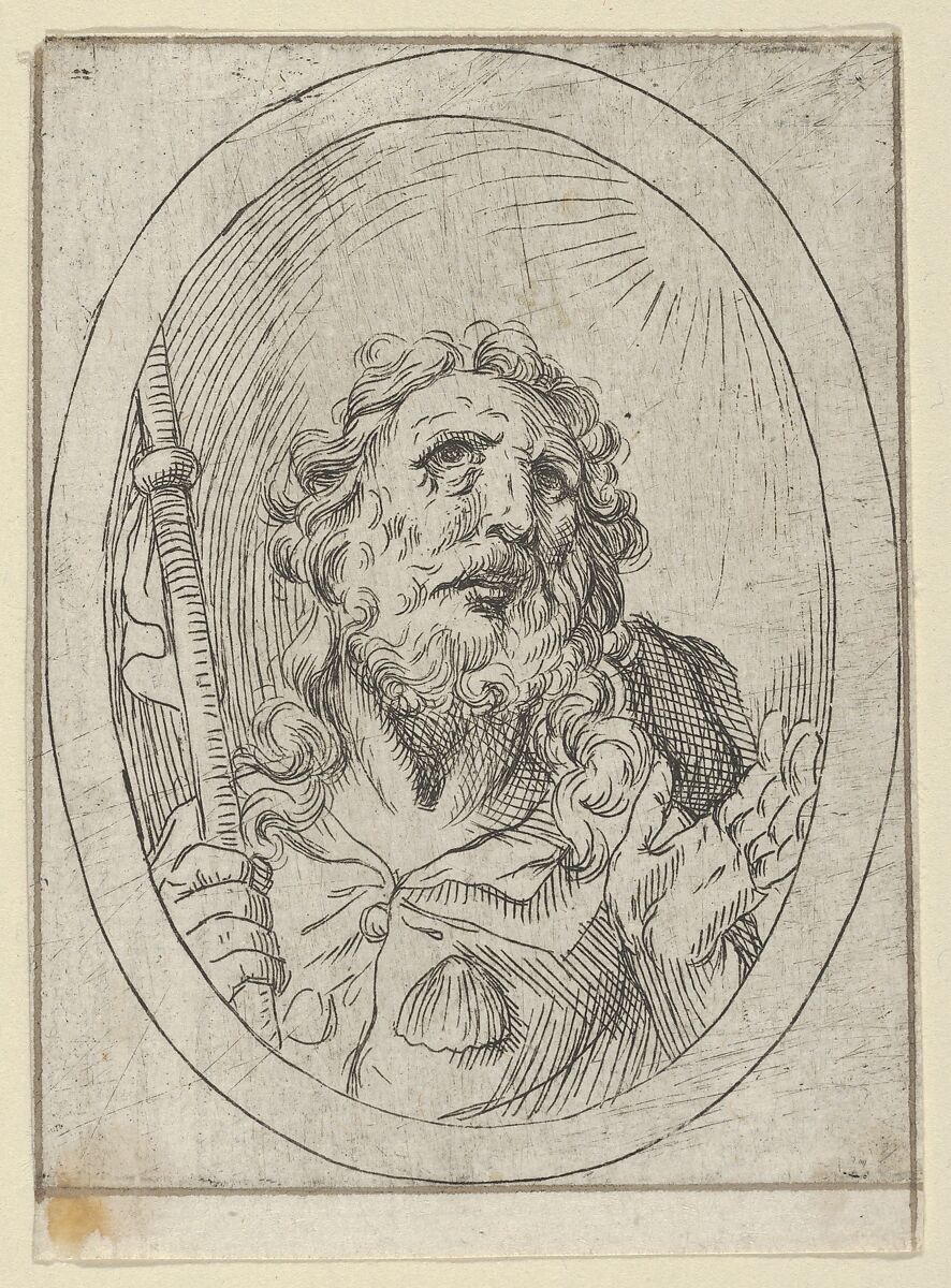 Saint James Major, looking upwards and holding a staff, from "Christ, the Virgin, and Thirteen Apostles", Anonymous, 17th century, Etching; framing lines in pen and brown ink 