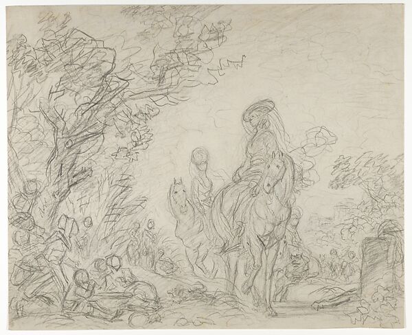 Benevolent Women on Horseback Visiting a Village, Jean Honoré Fragonard (French, Grasse 1732–1806 Paris), Black chalk, incised 