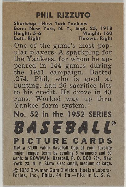 Issued by Bowman Gum Company - Phil Rizzuto, Shortstop, New York ...