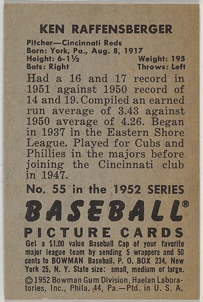 Issued by Bowman Gum Company - Ken Raffensberger, Pitcher, Cincinnati ...