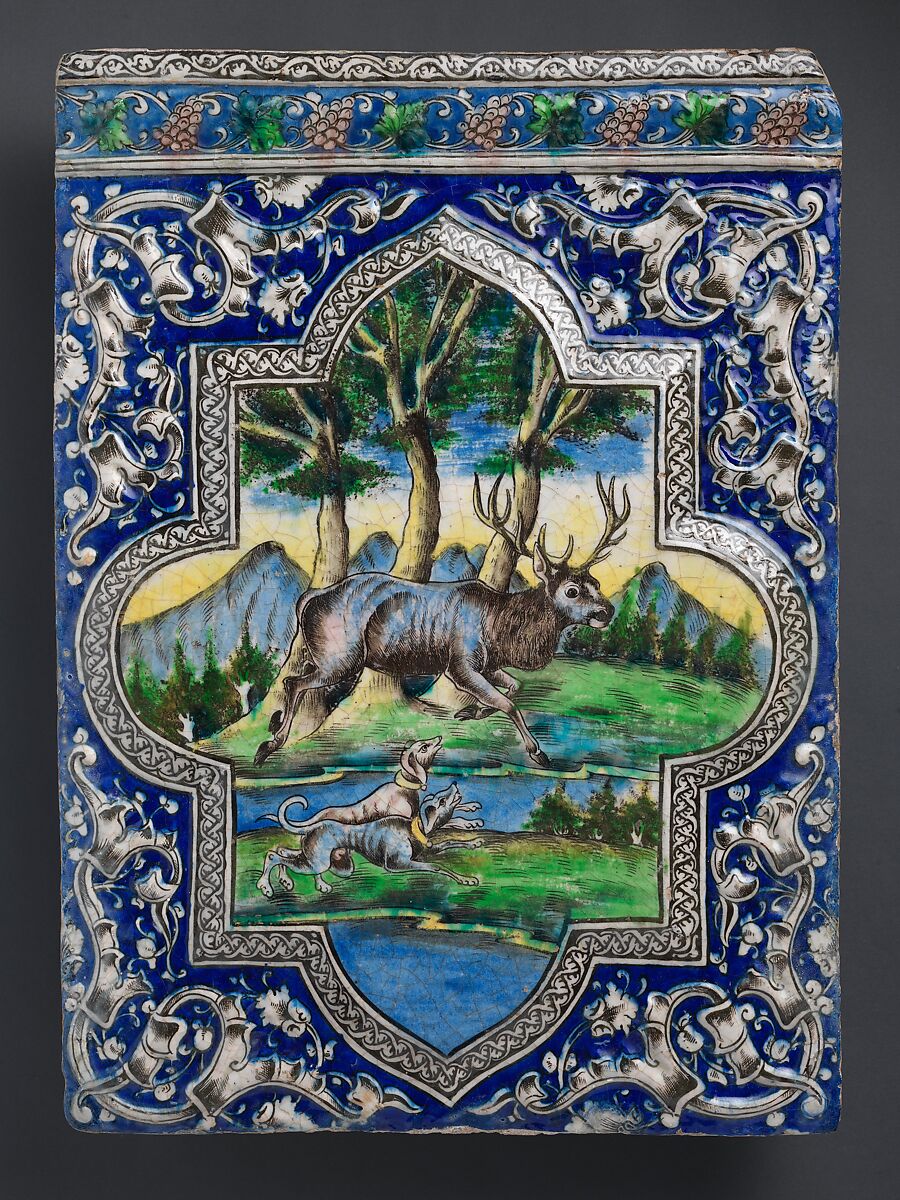 Qajar Dado Tile, Stonepaste; polychrome painted under transparent glaze 